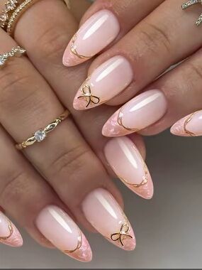 Elegant Pink Almond Nail Wraps with Gold Bow Accents
